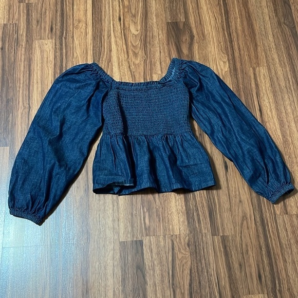 J. Crew Puff Sleeve Blue Denim Chambray Smocked Top Shirt Womens size XS - Picture 1 of 7